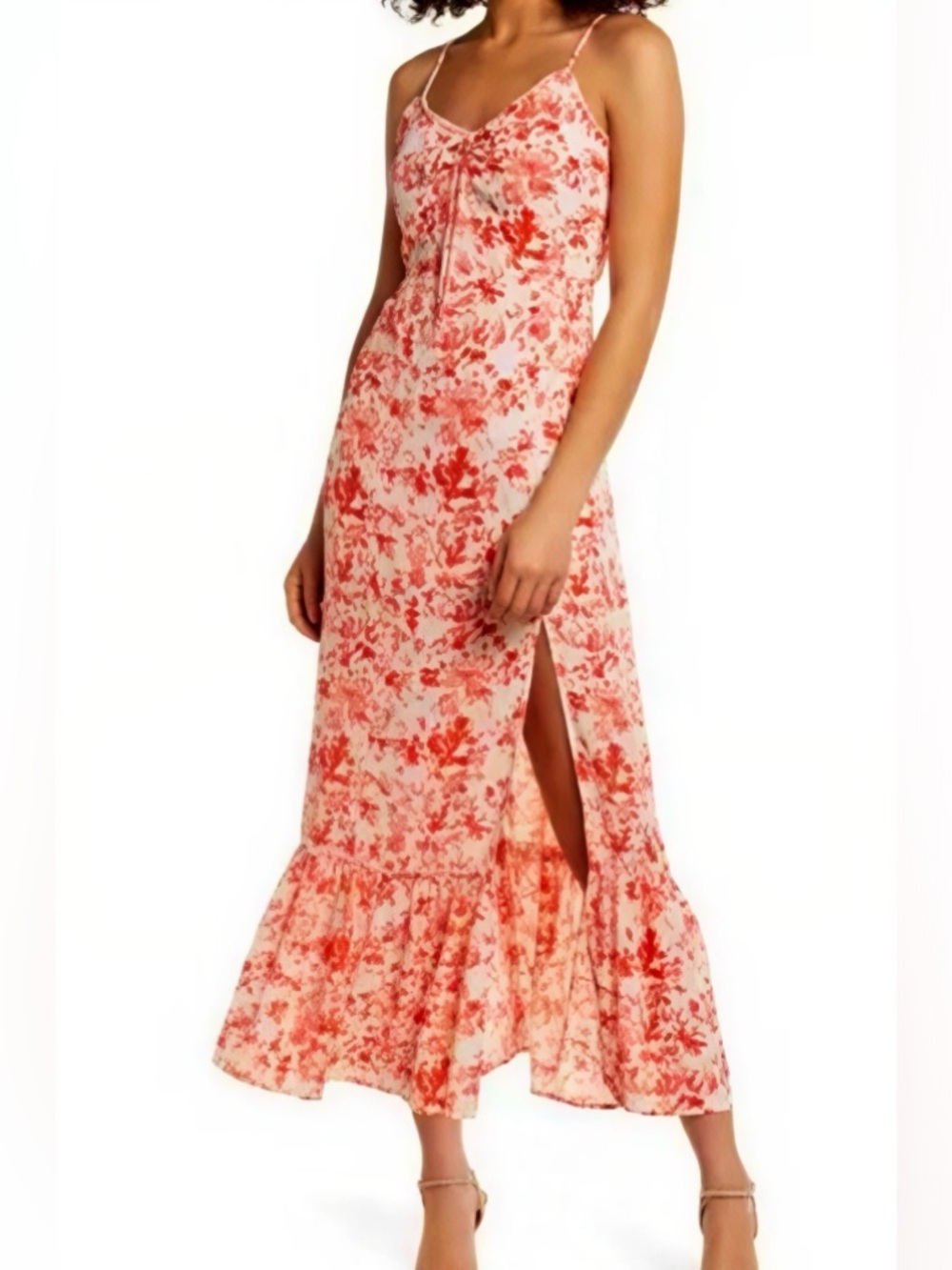 Chelsea28 Cinch Front Maxi Slip Dress with Ruffle Hem in Pink/Orange Floral